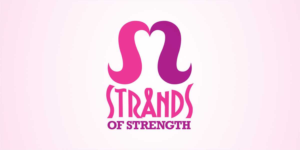 Logo with stylized letter "S" and text: Strands of Strength in pink.